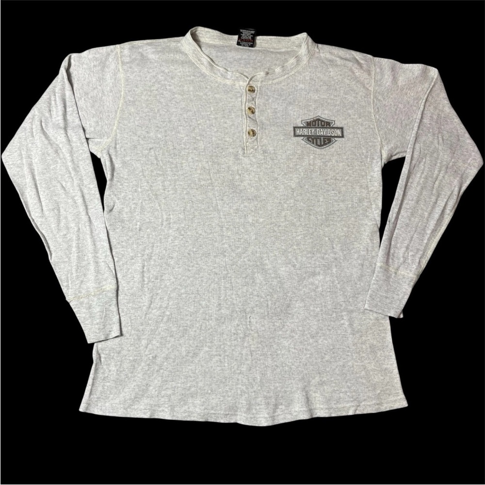 Vintage 90s 1997 Sturgis Harley Davidson Gray Ribbed Henley Long Sleeve Shirt